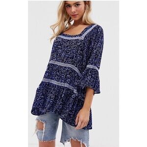 Free People Talk About It Blue Floral Tunic Top Medium